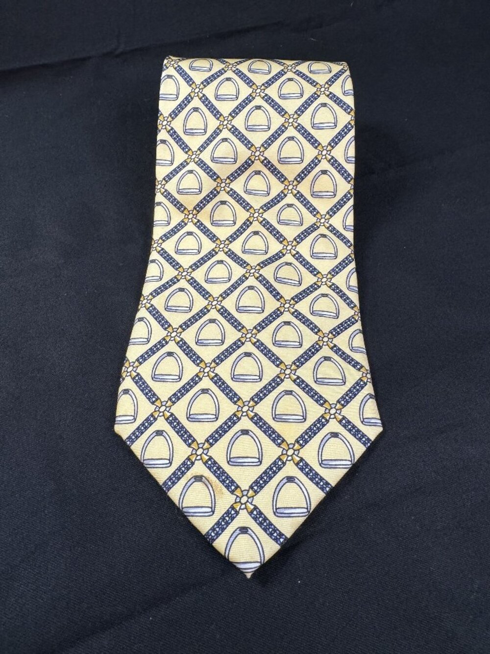 Vintage Paolo Gucci Equestrian Stirrup Silk Tie Yellow Navy Horse bit Necktie
